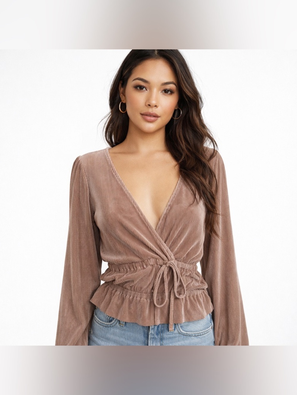 Zara Ribbed Satin Tie Front Blouse Mauve Long Sleeve Size L